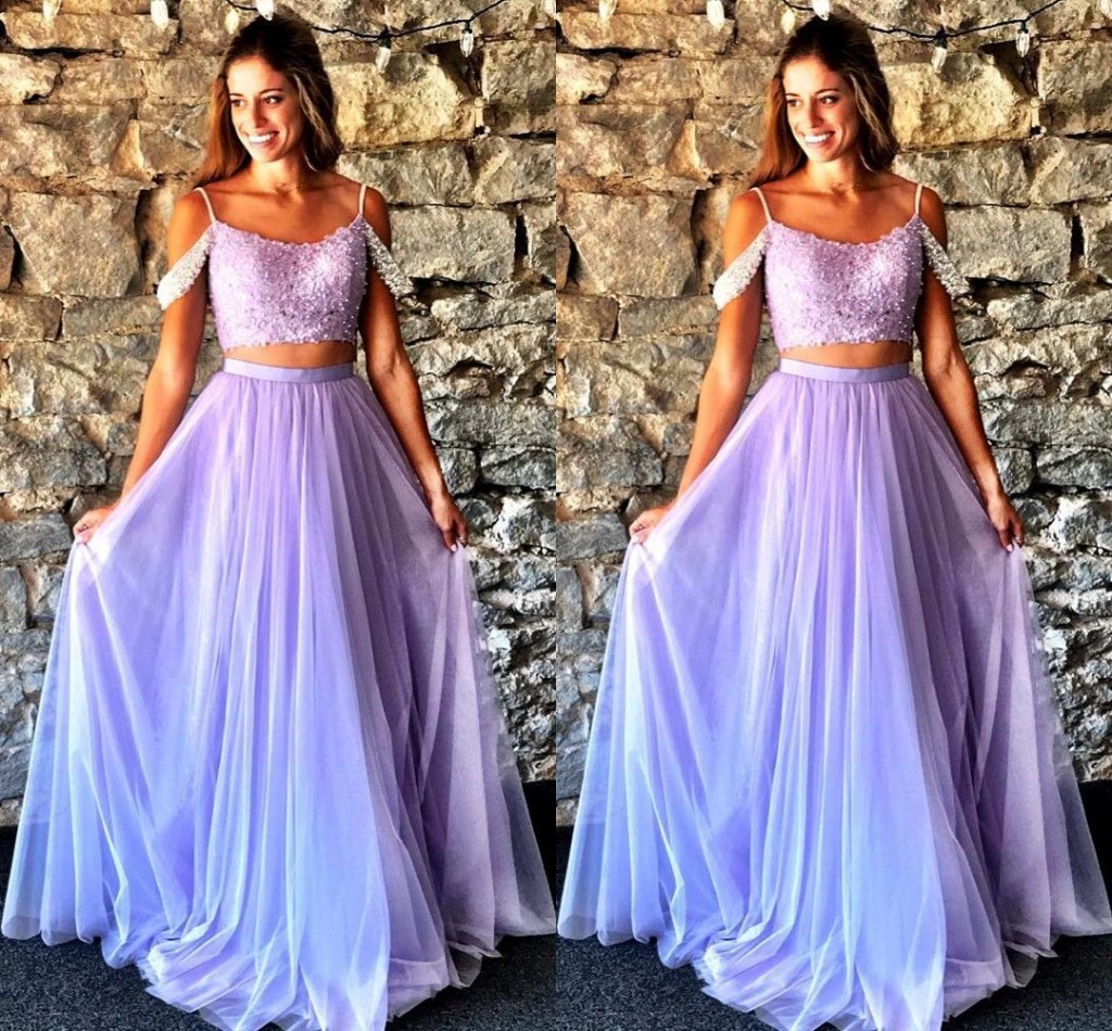 

Lavender Two Piece Prom Dresses Sapghetti Straps Off The Shoulder Appliques Beaded Tulle Floor Length Yellow Prom Dresses, Chocolate