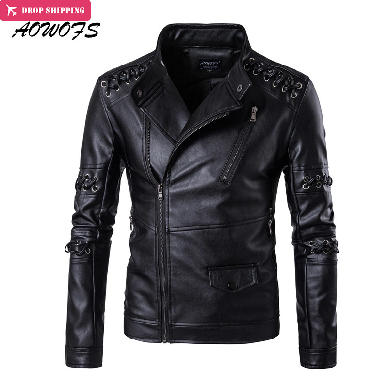 

Wholesale- AOWOFS Leather Jackets Men Spring New Criss Cross Strings Punk Leather Jackets Plus Size 5XL Vintage Motorcycle Jackets Coats, Black