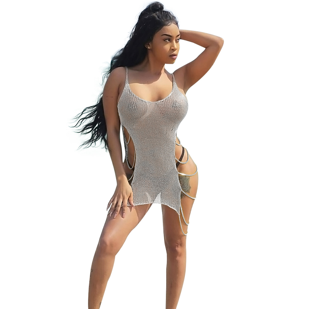 

Women Sexy Visible Overall Cover-ups Dresses Body Sheath Knitted Sweater Dresses Woman Spaghetti Strap Hollow Out Beach Mini Dresses Seaside, Gold