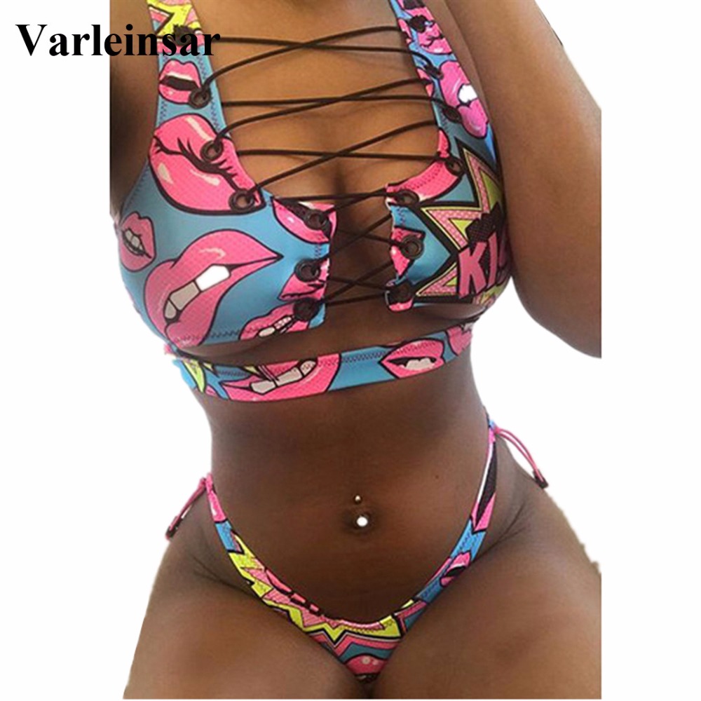 

New African Sexy Lace Up Thong Bikini 2018 Female Swimsuit Women Swimwear Two-pieces Bikini set Bather Bathing Suit Swim V524, Lips