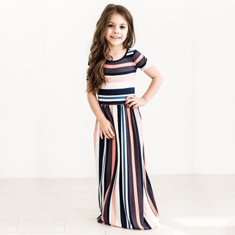 

Hit Color Striped Dress Girls Fashion Cute Baby Kid Girls O-neck Ankle-Length Dress Casual Long Children Beachwear Dress, As pic