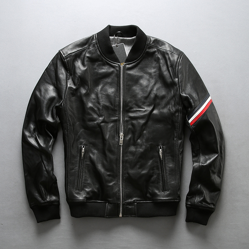 

Men sheepskin flight jackets AVIREXFLY genuine leather jackets stand collar casual baseball suit, Black