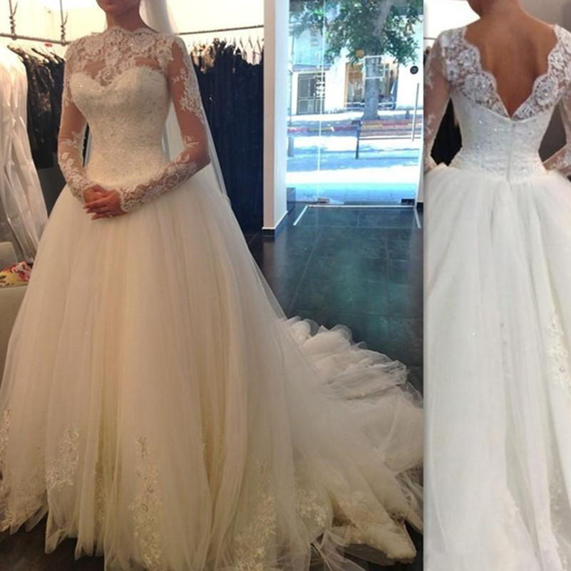 

Elegant Applique Lace Wedding Dresses Sheer Bateau Long Sleeves Backless Wedding Gowns Sweep Train Long Bridal Dress, Ivory