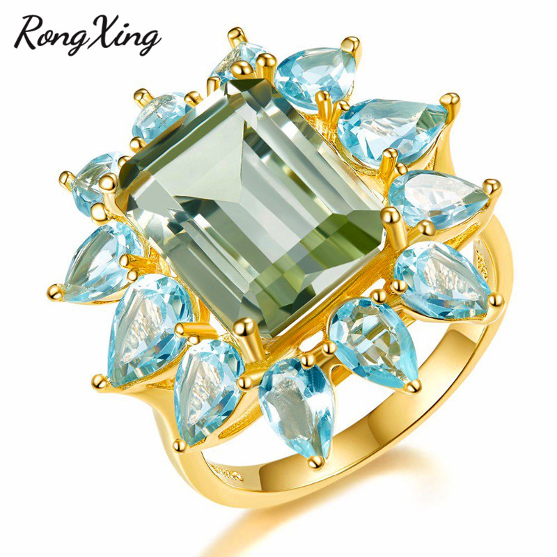 

RongXing Retro Big Square Stone Clear Blue Zircon Water Drop Rings For Women Yellow Gold Filled Birthstone Wedding Bands