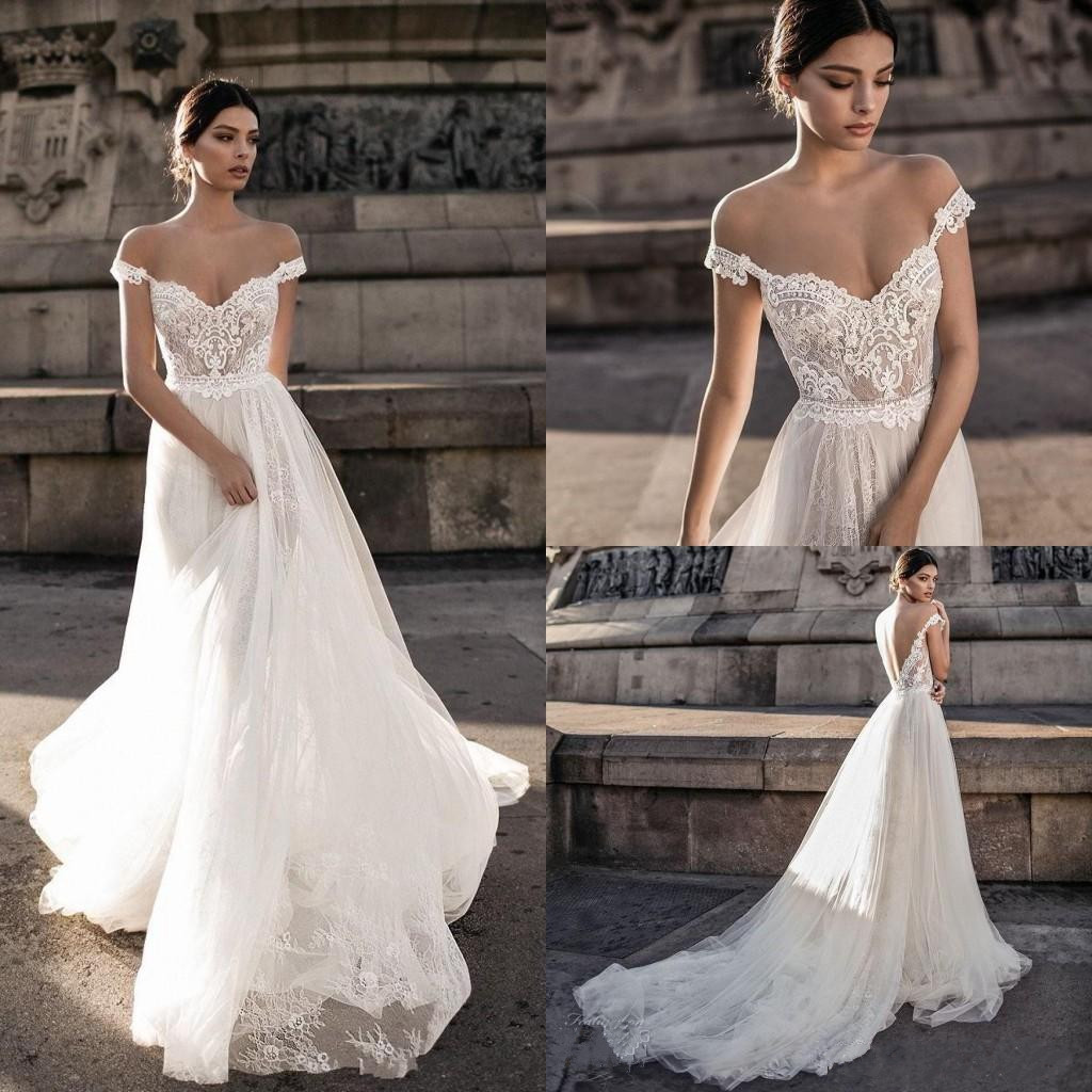 

Bohemian Applique Lace Wedding Dresses Off The Shoulder Backless Gowns Long Train Soft Tulle Summer Bridal Dress, Champagne