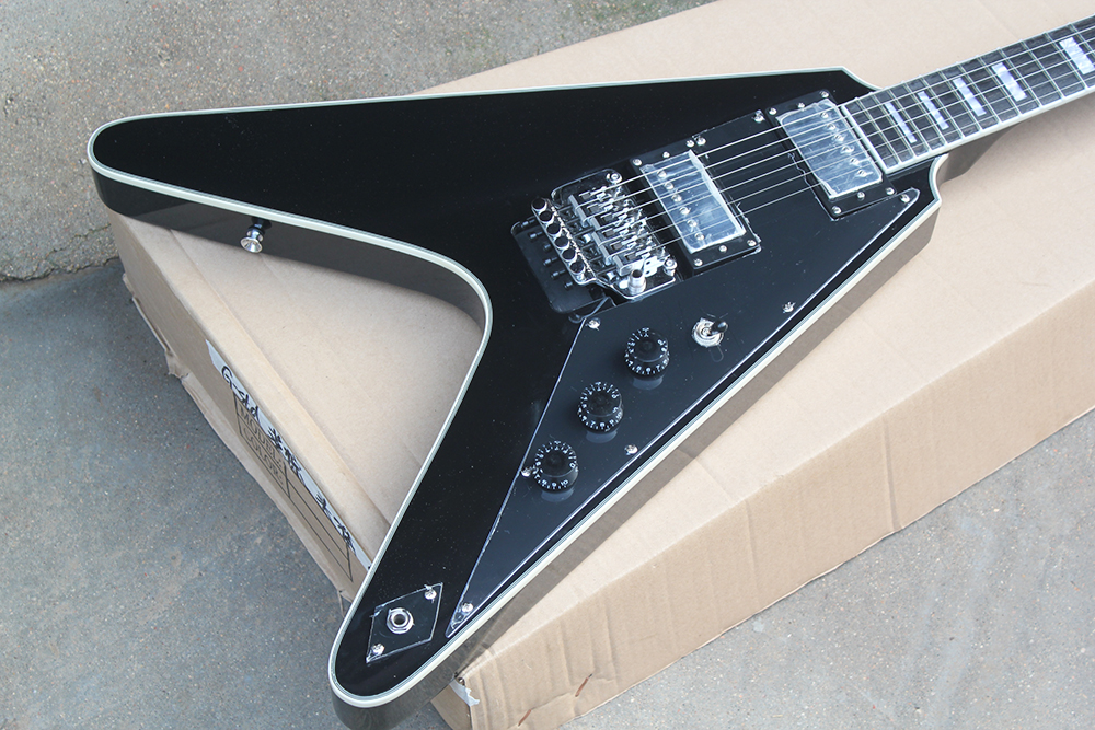 Preto Flying V Da Guitarra Elétrica com 2 Pickups, Corpo de Mogno, Floyd Rose, escala em Rosewood, oferta personalizada serviços-image-431713132