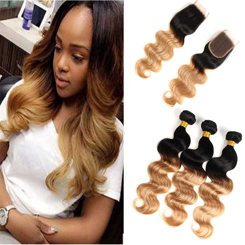 

Brazilian Ombre Body wave Human Hair Bundles With Closure Wholesale Colored 1B/27# Brazilian Honey Blonde Virgin Hair Weaves With Closure, Ombre color
