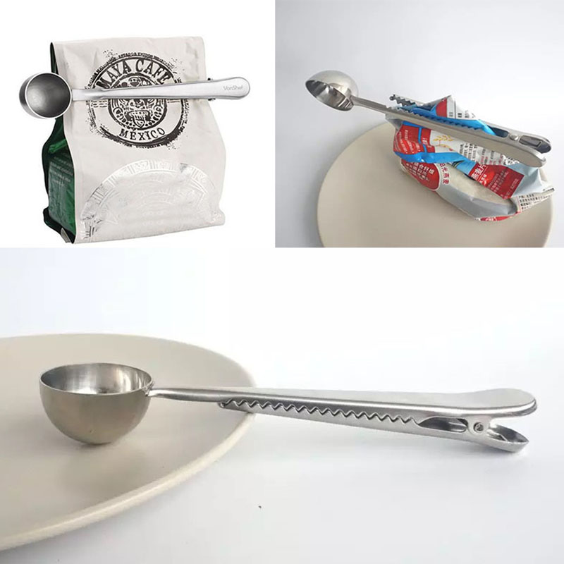 

Stainless Steel Coffee Measuring Spoon With Bag Seal Clip Silver Multifunction Jelly Ice Cream Fruit Scoop Spoon Kitchen Accessories WX9-473