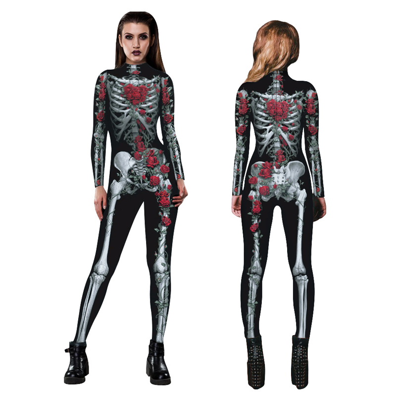 Women Catsuit Halloween Cosplay Jumpsuit Rose Skeleton 3D Bodysuit Black Skinny Pant Scary Ghost Jumpsuits Costume Party Dress EUR SIZE-image-421490959