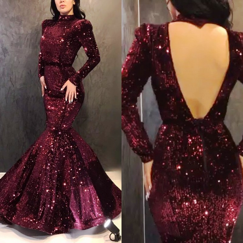 

Sparkly Sequins Mermaid Prom Dresses Fashion High Neck Long Sleeve Backless Party Dress Glamorous Saudi Arabia Evening Dress Formal Wear, Fuchsia