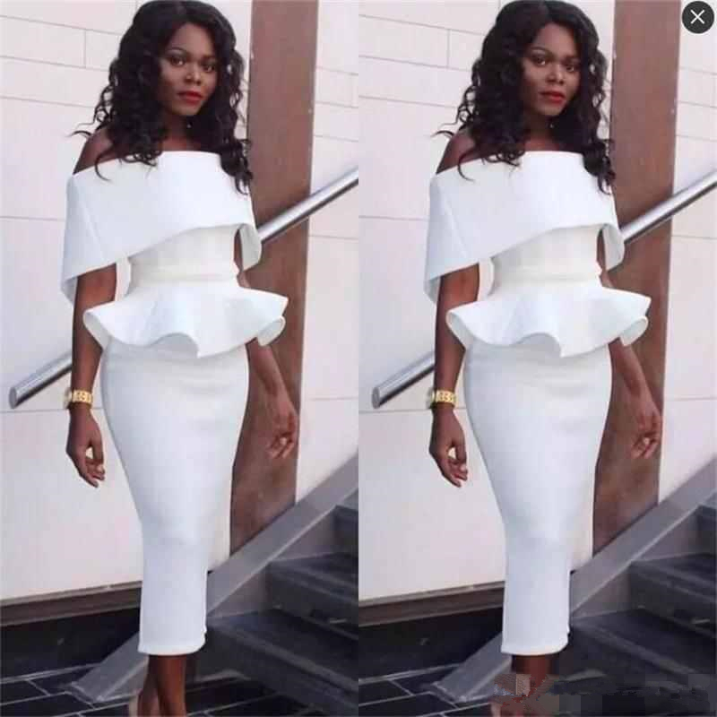 

2019 South African Off The Shoulder Prom Dresses Tea Length Peplum Ruffles Mermaid Evening Gowns Sleeves cocktail formal Party Dress