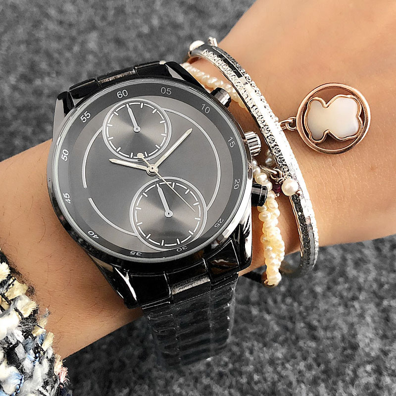 

Fashion Brand women's Girl 2 Dials style steel metal band Quartz wrist Watch M7084, Slivery;brown