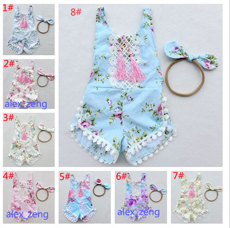 

26 Colors Summer Floral Fringe Toddler Girls Rompers Set Cotton Lace Baby Romper + Headband Flower Print Jumpsuits Newborn Onesies Infant Cl, 1lot=1set=2pcs=1pc headband+1pc romper