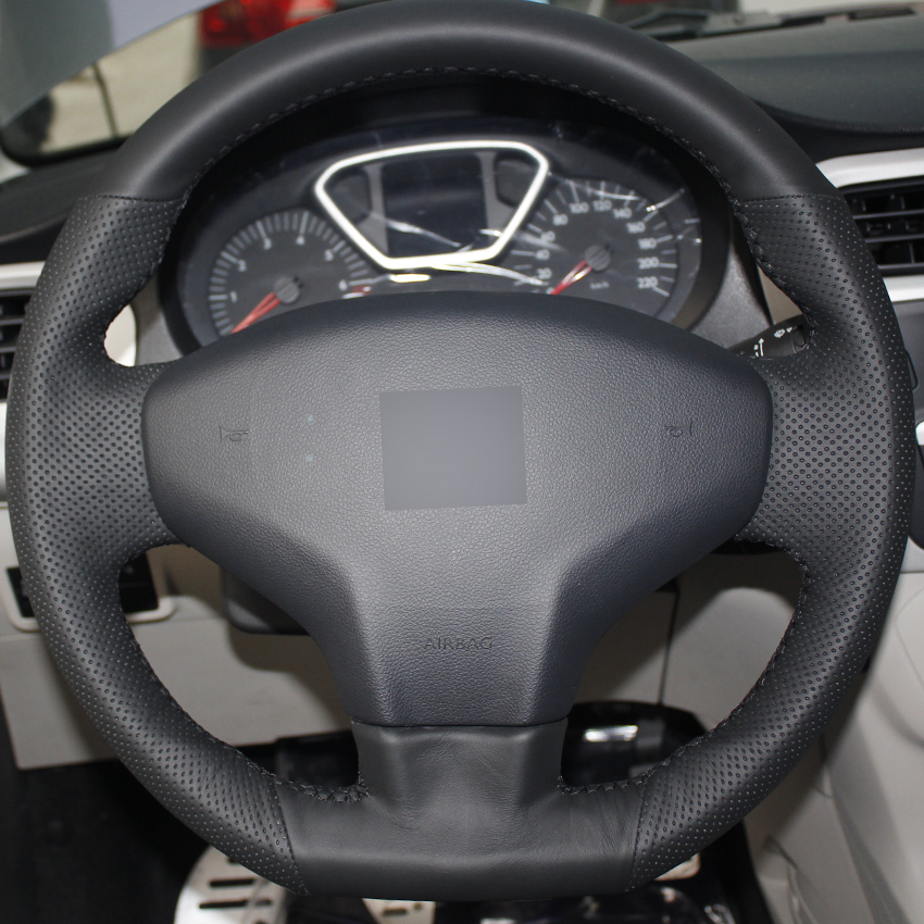 Black Leather Hand-stitched Car Steering Wheel Cover for Citroen Elysee C-Elysee 2014 New Elysee Peugeot 301 2013-2016-image-430162818