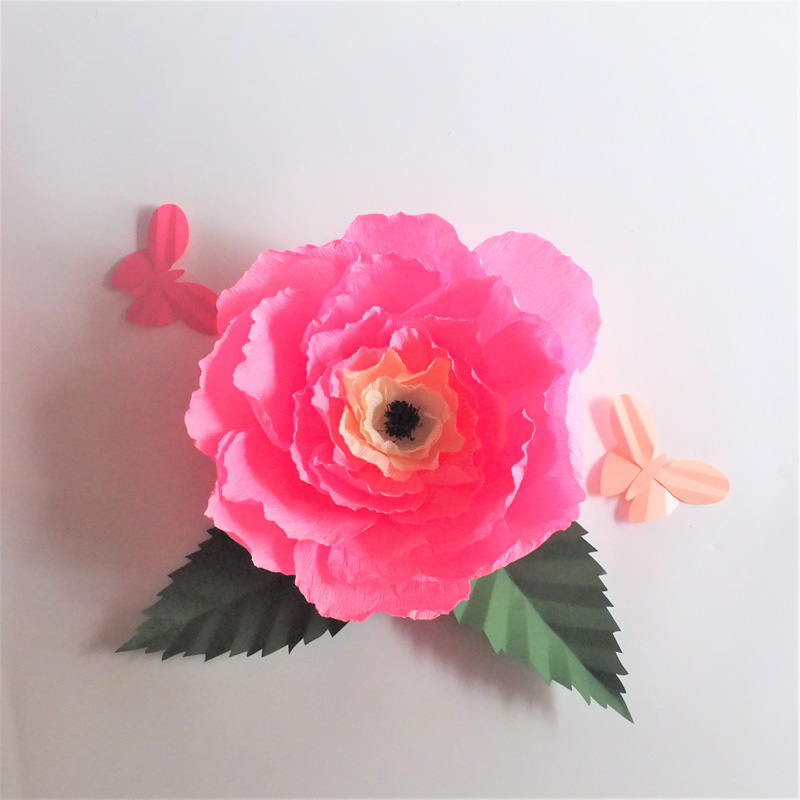 

Crepe/Cardstock Giant Paper Flower + 2pcs Leaves + 2pcs butterflies For Wedding & Event Decor Baby Nursery Windows Display, As picture set 1