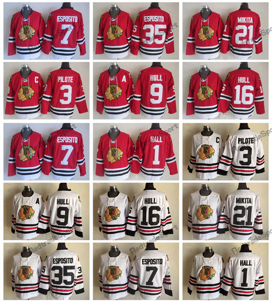 

Vintage Chicago Blackhawks Classic 3 Pierre Pilote 1 Glenn Hall 7 Phil Esposito Stan Mikita 35 Tony Esposito 9 Bobby Hull Hockey Jerseys, Red 21