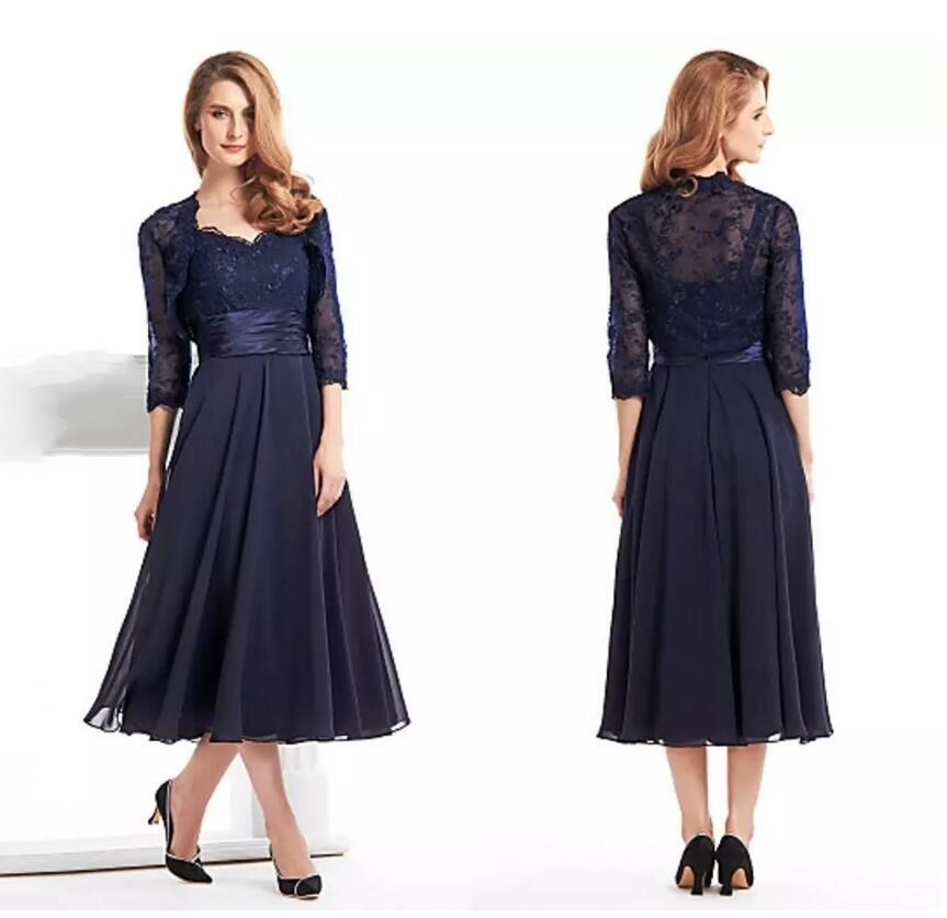 Thé Longueur Mère De La Mariée Robe De Mariée Avec Veste Manches Longues Bleu Marine Dentelle Plus La Taille Femmes Soirée Robe De Soirée Sur Mes