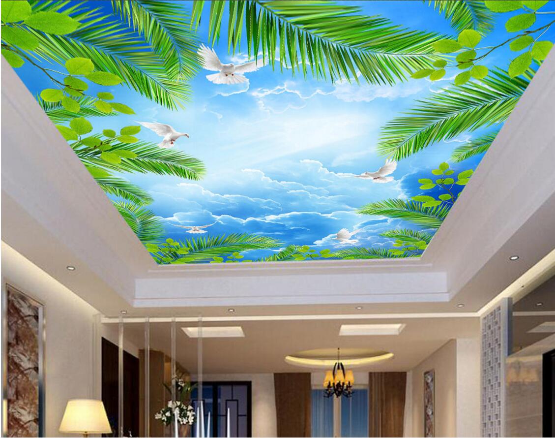 

3d wallpaper custom photo Blue sky white clouds coconut tree seabird ceiling murals home decoration living room wallpaper for walls 3 d, Sky blue