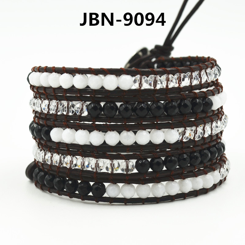 Boho style newest leather woven black white stone and crystal beaded bracelet infinity bracelet bangle for men JBN-9094 C18111601
