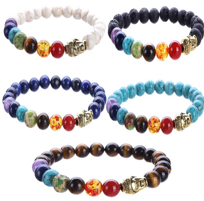 

JLN Seven Chakra Buddha Head Bracelet Yoga Energy Healing Stone Lapis Tiger Eye Antique Gold Lava Stretch Bracelet For Man And Woman