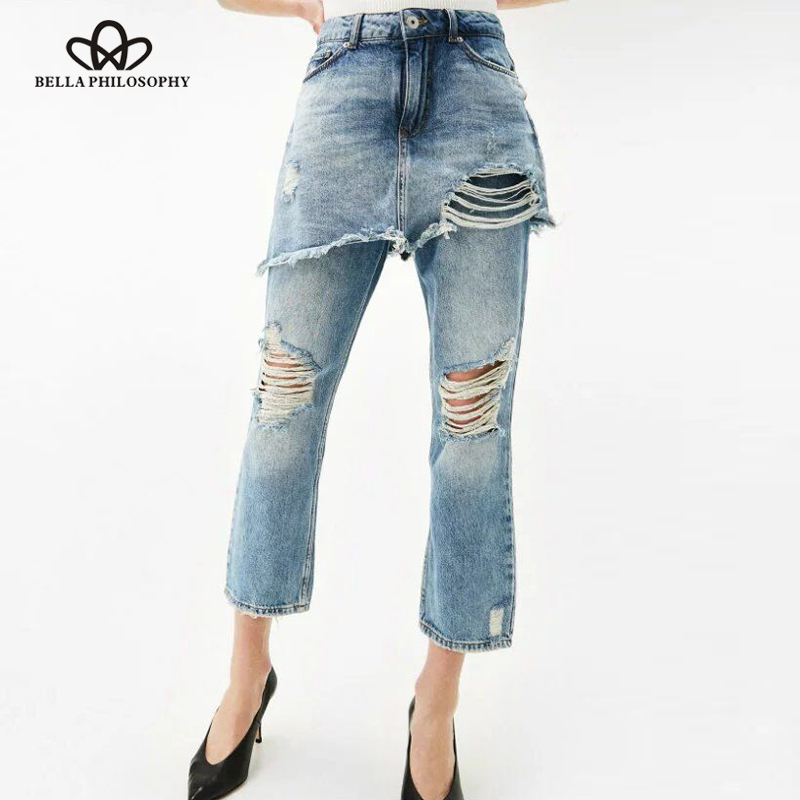 

Philosophy 2017 summer jeans women holes jeans chic light blue casual streetwear for women