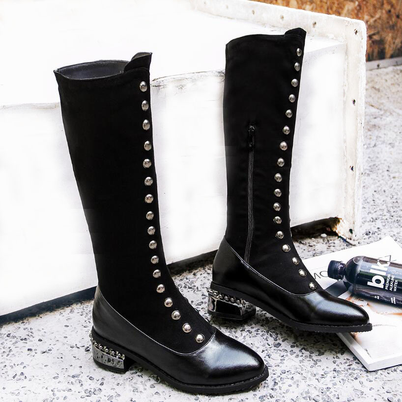 cowboy rivets martin boots for women metal heel studded knee high boots suede and leather patchwork long winter botas