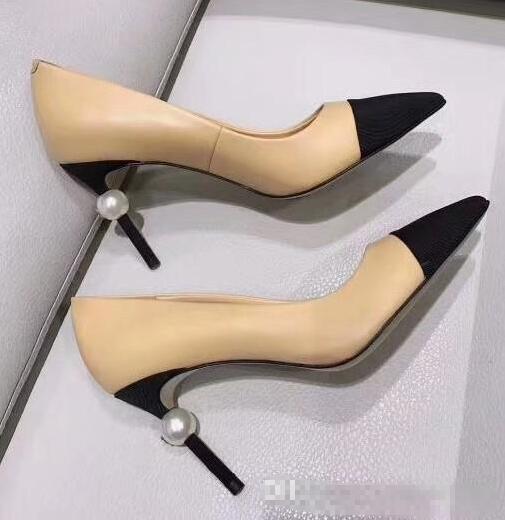 

Designer Women Goatskin Grosgrain Pumps Genuine Leather Pearl High Heels OL Dress Shoes Lady Beige White Black Single Shoes Original Box