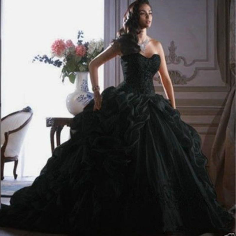 2019 Gothic Black Wedding Dresses New Design Custom Made Sweep Train Vintage Style Sweetheart Organza Ruffled Ball Gown Bridal Gowns W072
