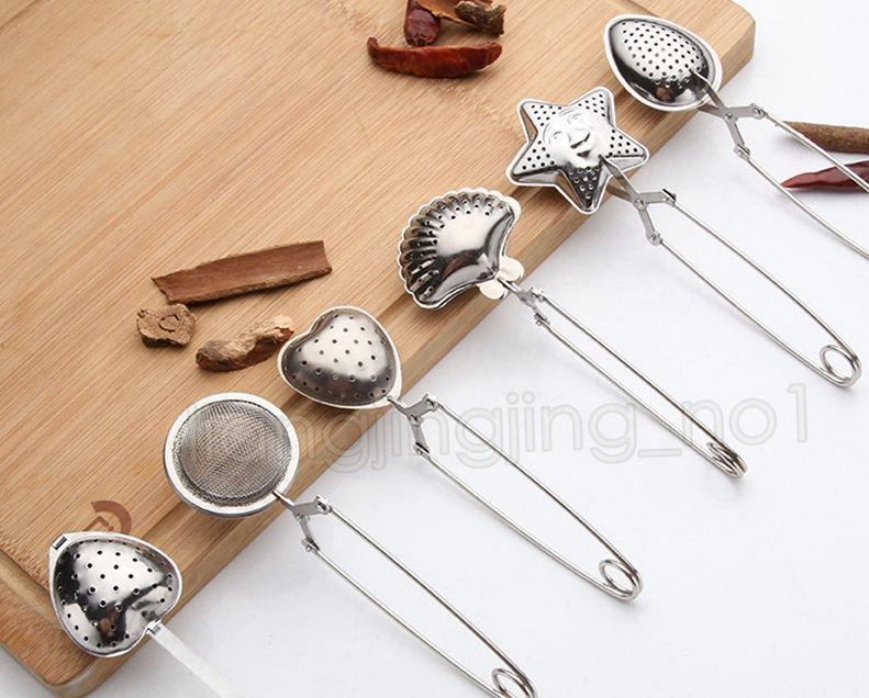 

6styles Stainless Steel Tea Strainer Tea Spoon Seasoning Infuser Star Shell Oval Round Heart Shape Strainer Teaware DDA606