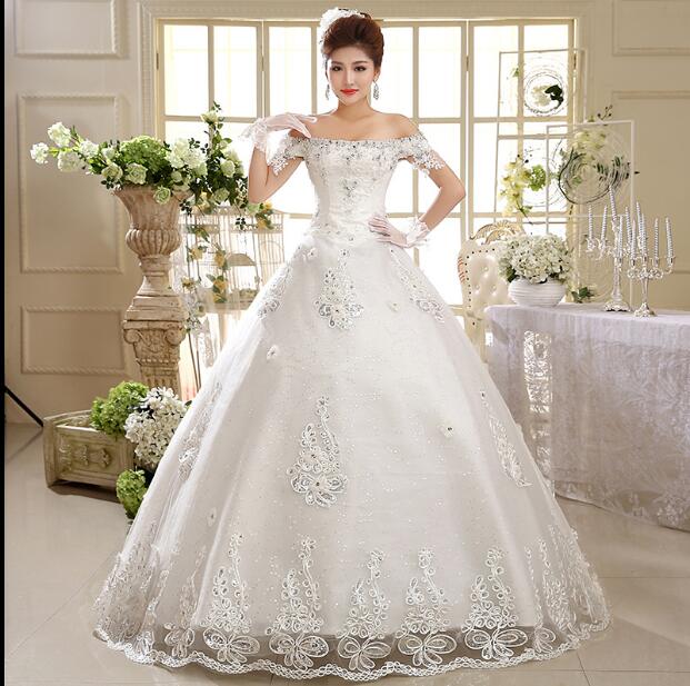 

Real PhotoVestido De Noiva Luxury Wedding Dresses Fashion The Bride Married Lace Up Boat Neck Elegant Wedding Gown Free shipping, White
