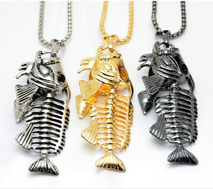 

Retro Stainless Steel Fishbone Pendant Necklace Men Women Europe United States Fish bone Necklaces Jewelry Black Silver Gold