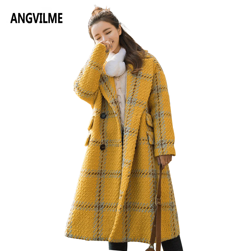 

ANGVILME 2017 Yellow Plaid Oversize Cashmere Overcoat Winter Coat Women Woolen Blend Jacket Poncho Wool Coat Warm Tweed Trench