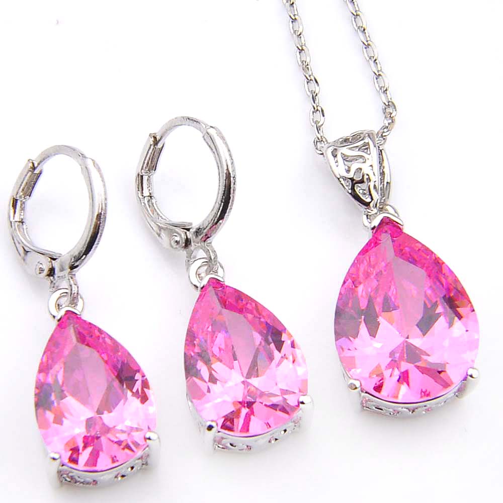 

Luckyshine 5 Set Holiday Gift Water Drop Pink Kunzite Crystal Cubic Zirconia 925 Silver Pendants Necklaces&Earrings Wedding Jewelry Sets