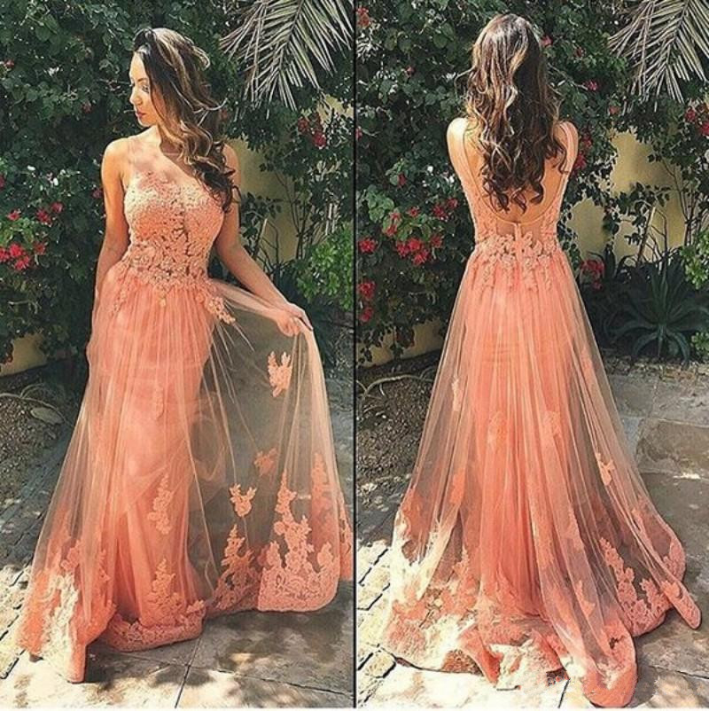 

Lace Appliqued Prom Dresses Backless Sleeveless Sheer Neck Floor Length Sheath Soft Tulle Party Gowns, Yellow