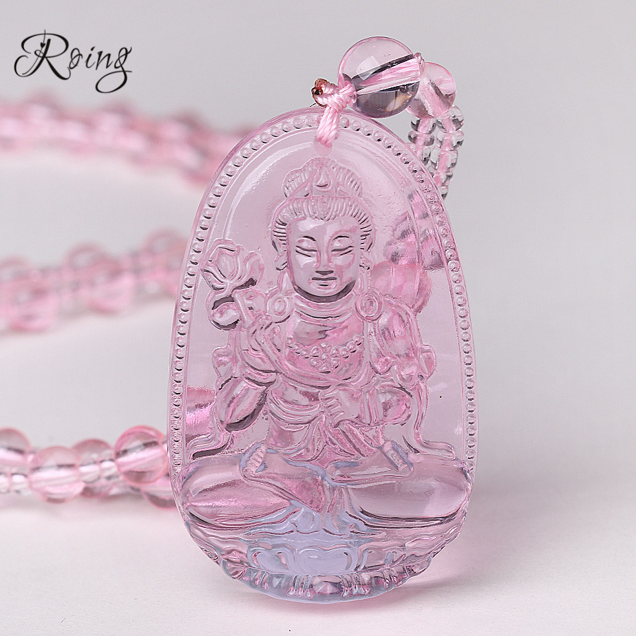 

Roing Natural Pink Quartz Necklace Stone Buddha Pendant Guardian Beads Chain Crystal Carved Women Men Lucky Gift Jewelry F006