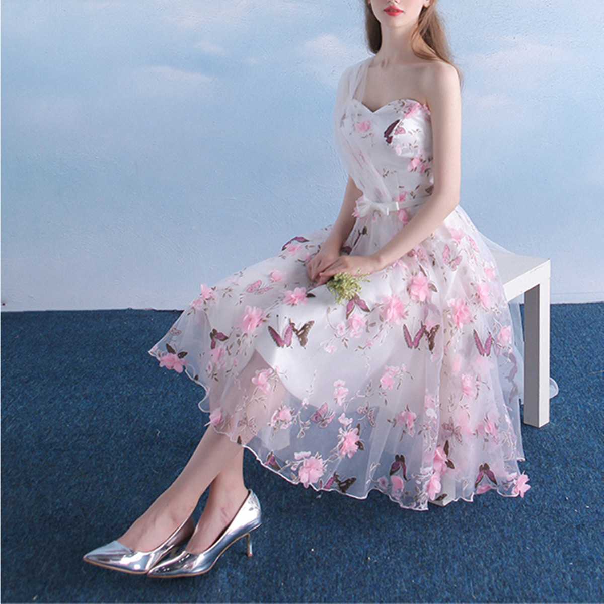 

One Shoulder Pink Flower 3D Prom Dresses Butterfly Printed Tea Length Short Girls Pageant Dress Romantic Design Party Gowns, Same as picture