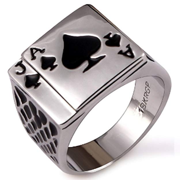 

18K White Gold Plated Cool Black Enamel Poker Ring for Men Nice Gift Jewelry Rings for Boyfriend Fasion Accessory Size 7,8,9,10,11,12