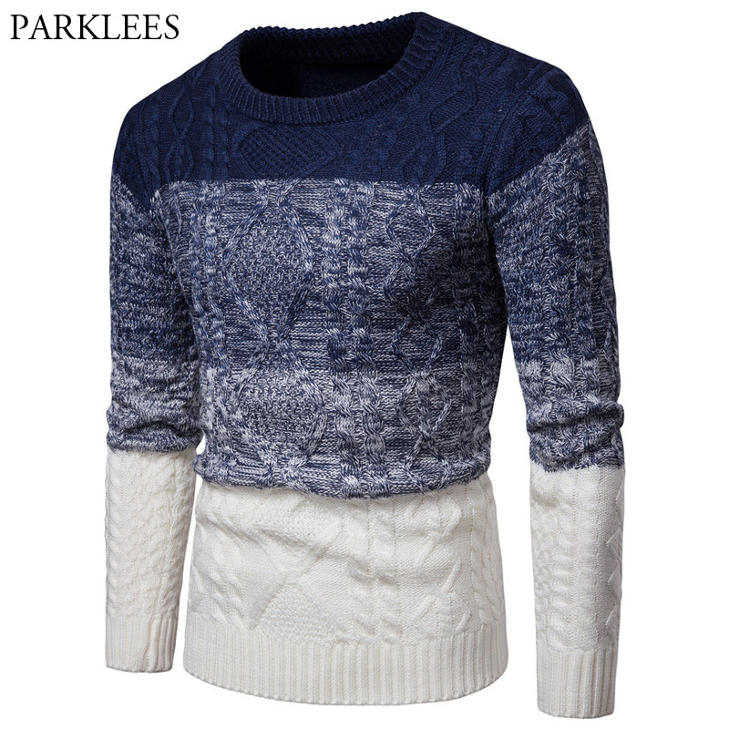 

Gradient Color Jacquard Sweater Men 2018 Autumn Winter Mens Knitted Sweaters Slim Fit Casual Pullover Male Pull Homme Hiver XXL, Navy