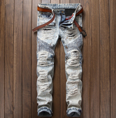 

Vintage Washed Fashion Jeans Men Slim Straight Jean Pants Ripped Destroyed Long Trousers, Light blue