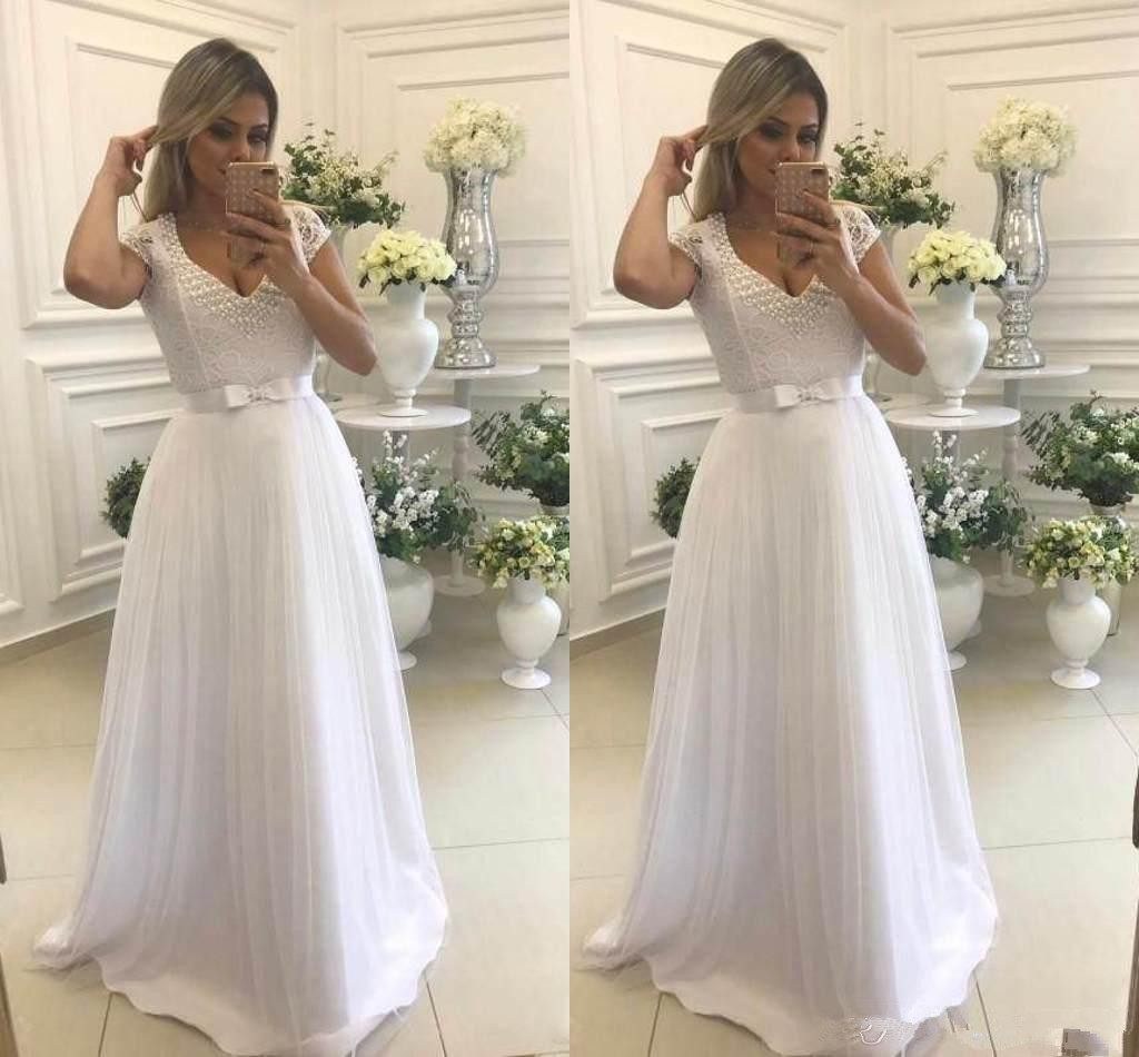 

Graceful White Prom Dresses Long 2018 V-Neck Short Sleeves Lace Pearls A Line Arabic Party Evening Gowns, Red