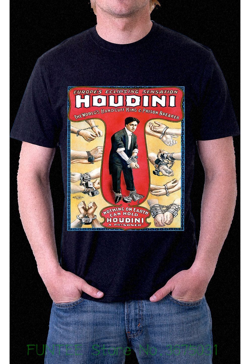 Cotton T Shirt Fashion Harry Houdini Master Handcuff King Black T