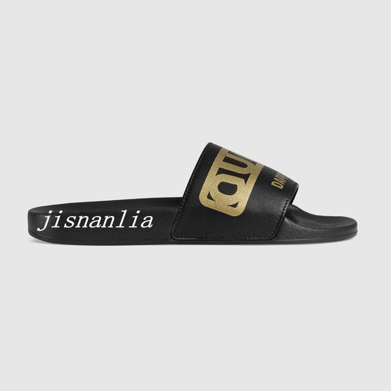 

new arrival mens and womens fashion Laminated gold Dapper print black leather slippers slide sandals causal beach flip flops