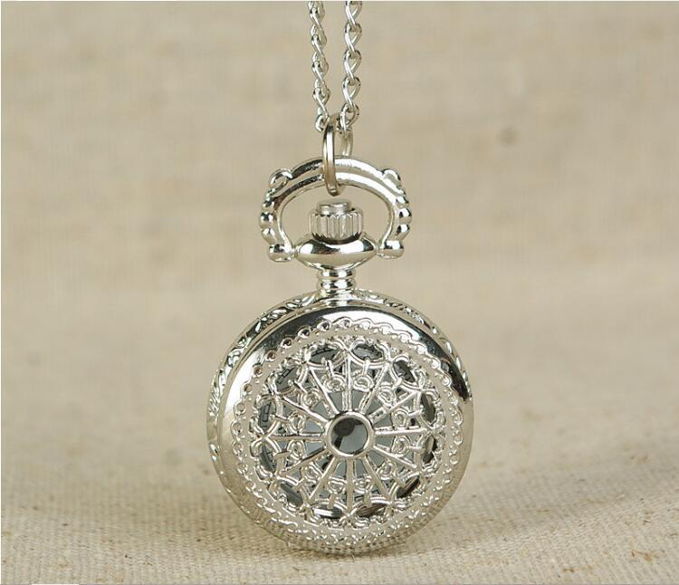 

Wholesale 50pcs/lot Cobwebs hollow Dial Pendant Necklace Chain Quartz Case Diamater 2.5CM Pocket Watch PW093, Silver
