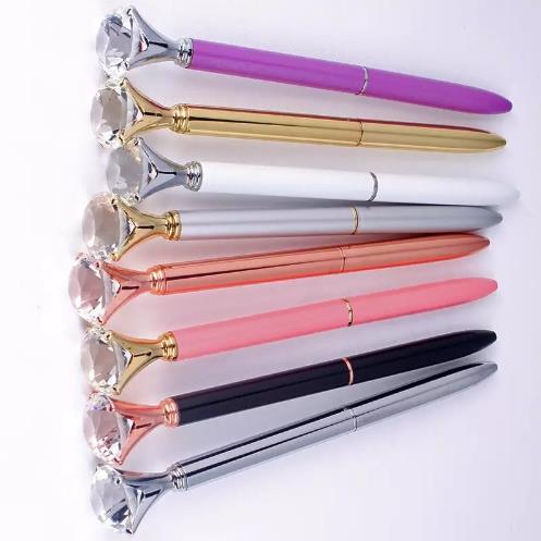 

Big carat diamond Crystal Pen Gem Ballpoint pen ring wedding office Metal ring roller ball pen Rose gold silver pink purple c806, Mix color