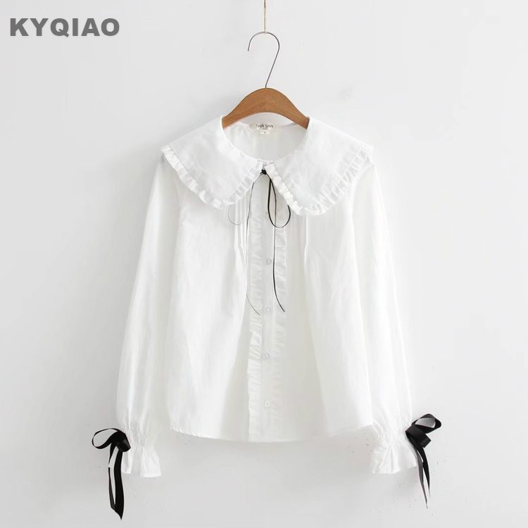 

KYQIAO Japanese school uniform sweet Lolita shirt 2018 mori girls autumn winter peter pan collar white bowknot white blouse top