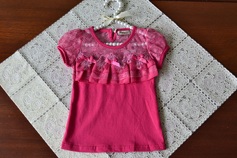 

2-7 years baby Girls summer bow lace hollow tops, children cotton Tees, retail kids boutique clothing, R1ES12TP-04, Red