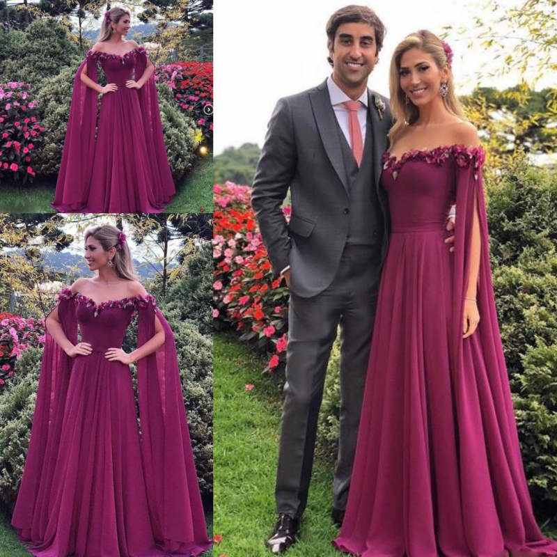 

Grape Chiffon Long Prom Dresses Off The Shoulder Long Sleeves Evening Gowns Floor Length Women Formal Party Dress Custom Made, Brown