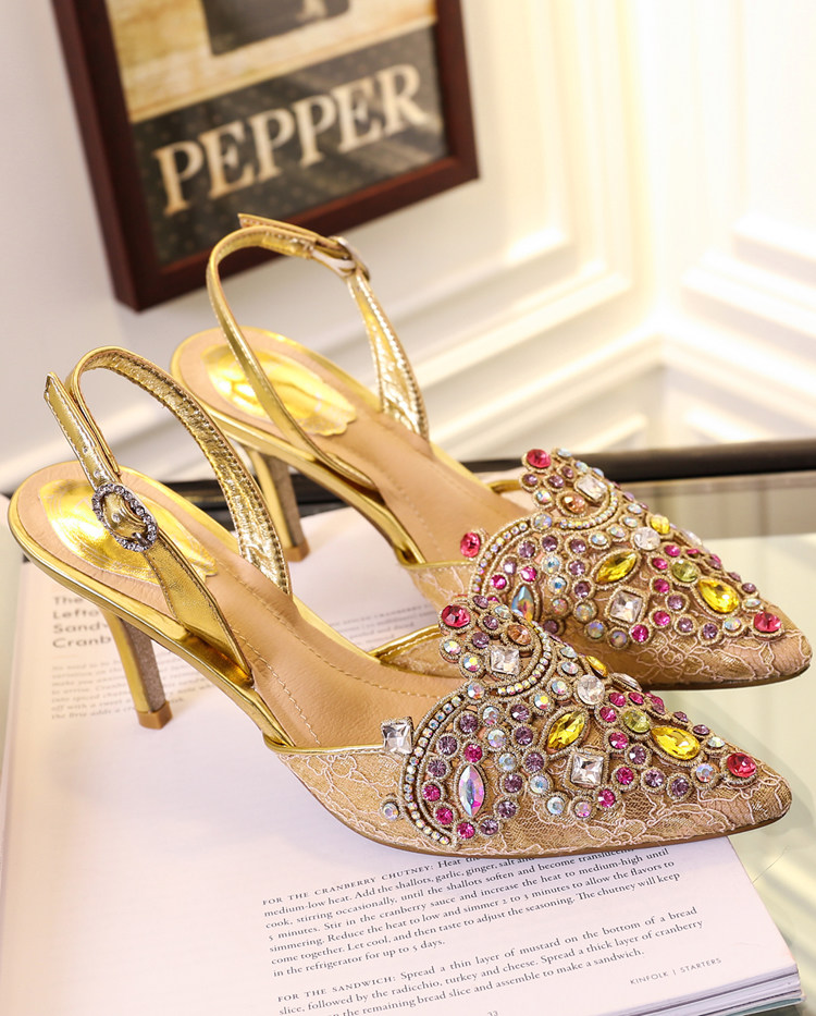 

Wedding Shoes for Bride High Heel Lace and Diamond Champagne, As picture