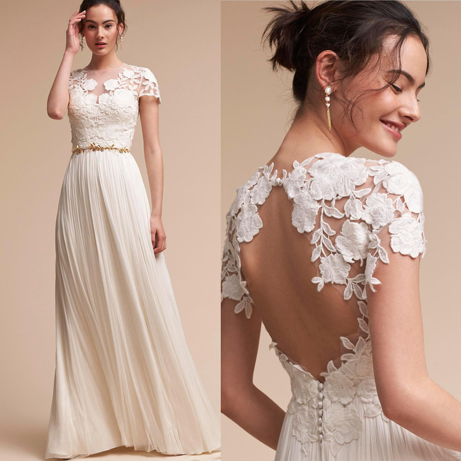 

Applique Lace Cap Sleeves A-line Wedding Dresses Beading Sash Empire Waist Summer Beach Boho Bridal Gowns Backless robe de mariée, Ivory