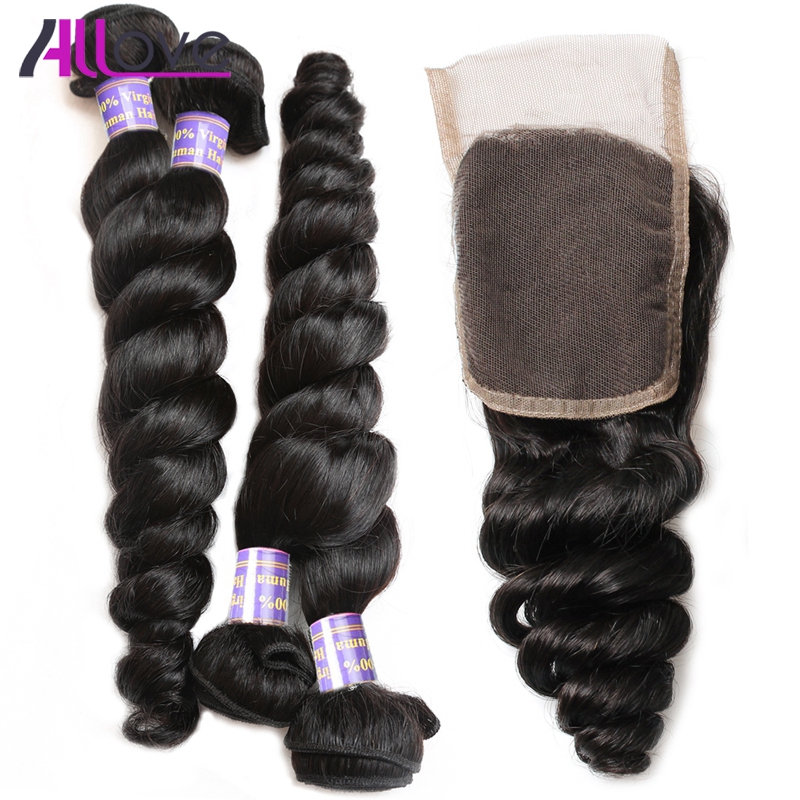 

Allove Wholesale 10A Brazilian Human Hair Loose Wave 4bundles with Lace Closure Malaysian Weaves Peruvian Hair Extensions Indian Human Hair, Natural color
